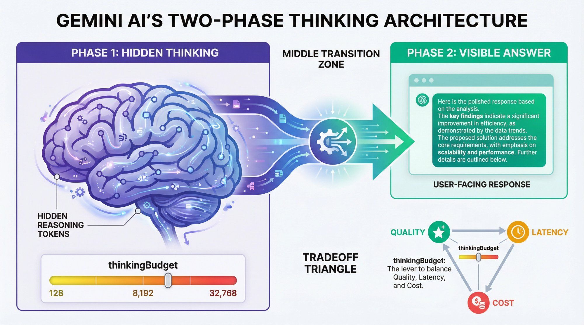 Visual diagram showing Gemini's two-phase thinking architecture with hidden reasoning tokens and visible output, illustrating the thinkingBudget parameter and quality-latency-cost tradeoffs