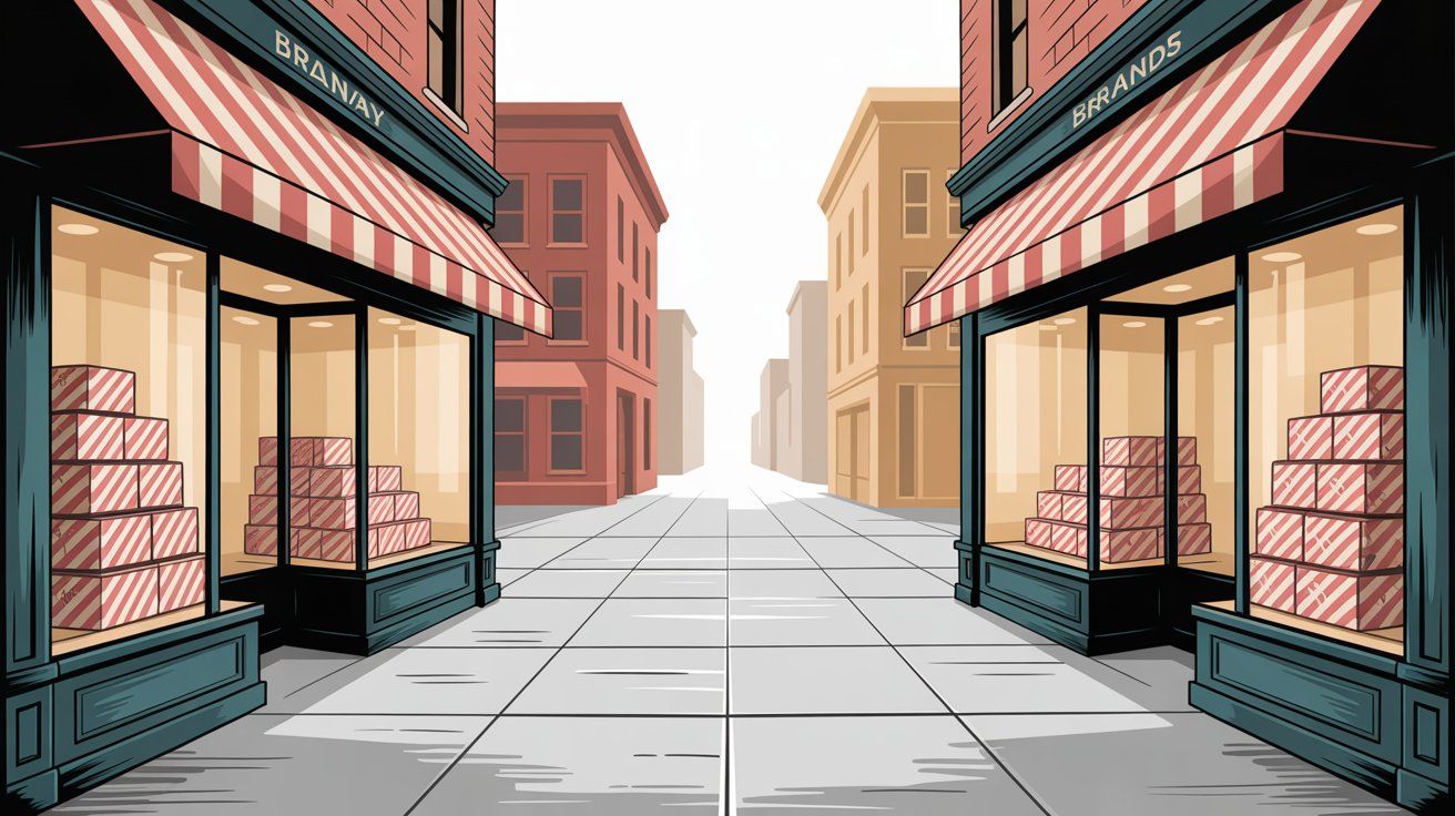 Two similar storefronts facing each other directly across a street, illustrating head-to-head brand competition with matching product displays - a visual metaphor for direct competitors offering identical solutions to the same customers