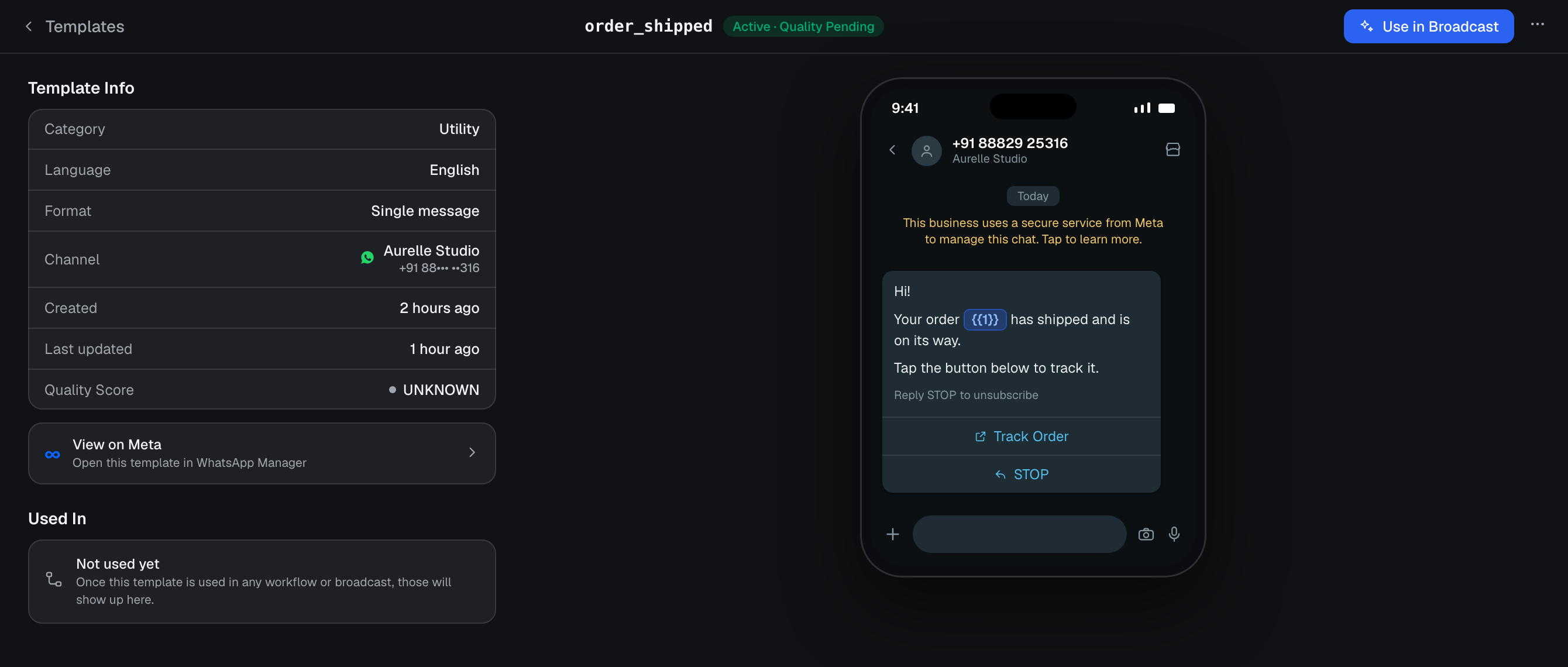 Spur template detail page showing template info on the left and a WhatsApp phone preview with a variable chip on the right