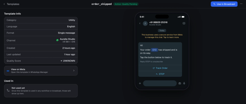 Spur template detail page showing template info on the left and a WhatsApp phone preview with a variable chip on the right