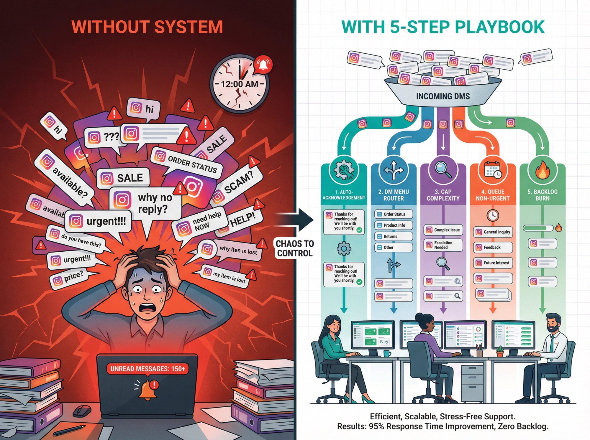 Split comparison showing chaotic DM spike versus organized 5-step system managing high volume efficiently