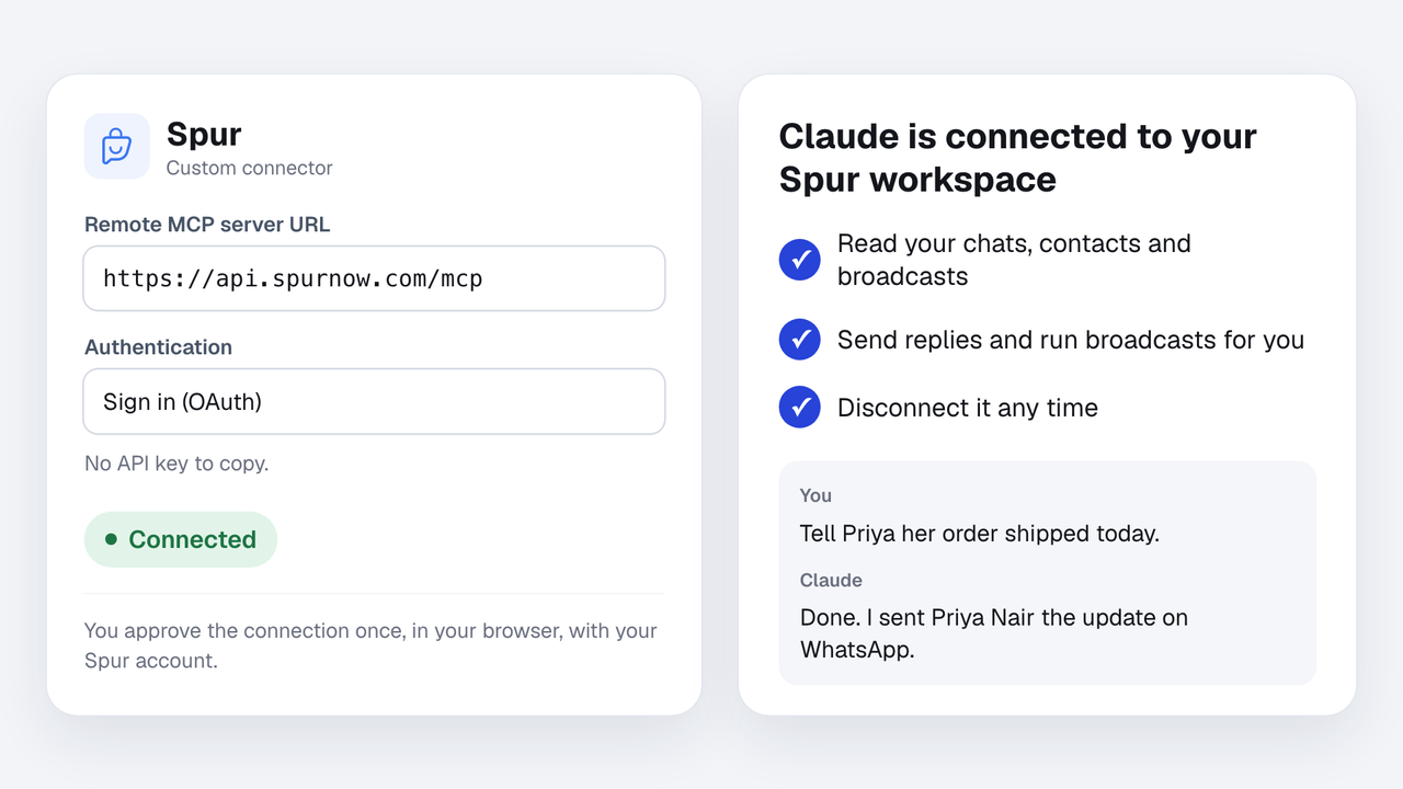 Connect your AI assistant to Spur by signing in