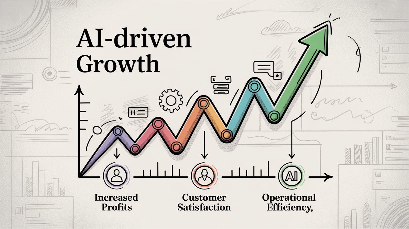 Business ROI and growth from AI implementation showing increasing profits customer satisfaction and operational efficiency