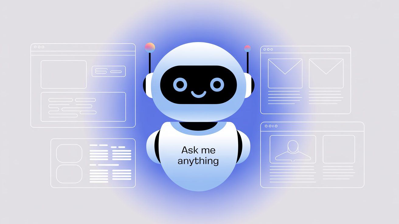 AI chatbot assistant surrounded by website pages showing the training process for website data integration