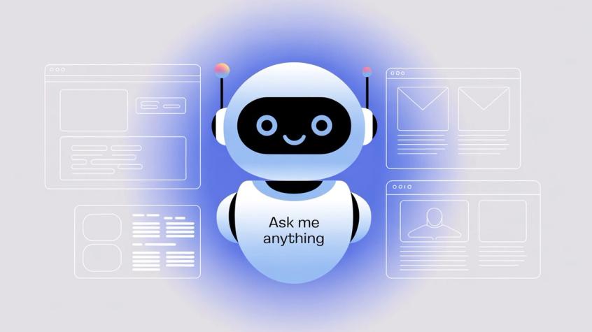 AI chatbot assistant surrounded by website pages showing the training process for website data integration