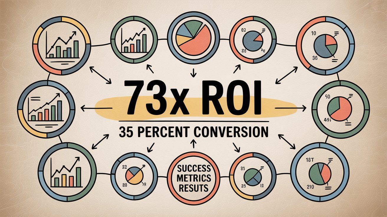Success metrics visualization showing 73x ROI and 35 percent conversion rates