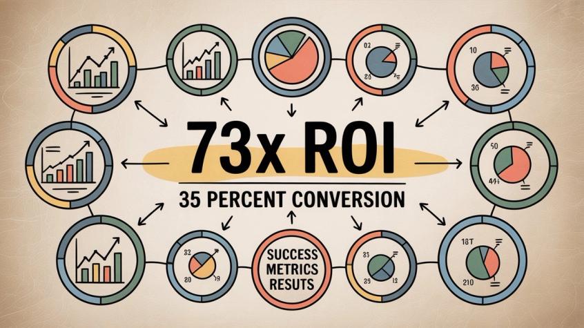 Success metrics visualization showing 73x ROI and 35 percent conversion rates