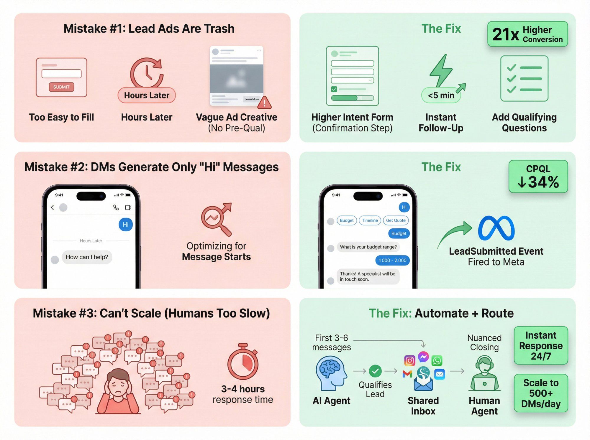 Side-by-side comparison showing 3 common Instagram ad mistakes with their fixes and success metrics