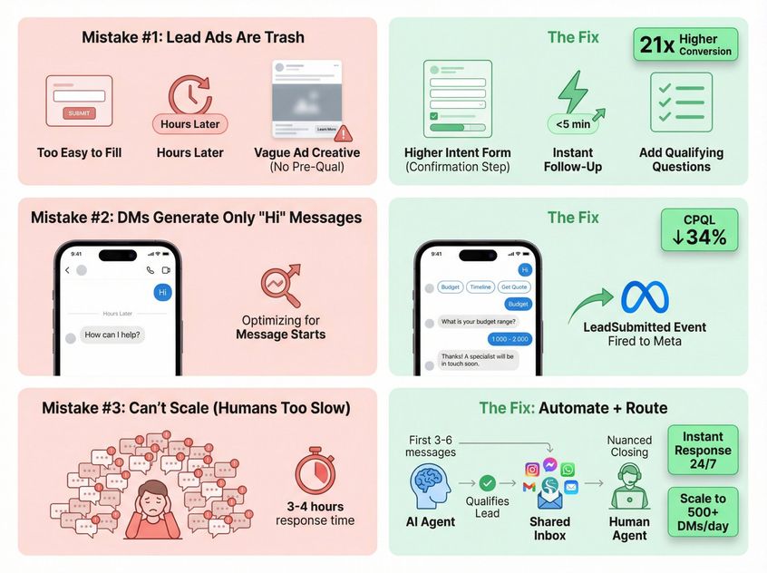 Side-by-side comparison showing 3 common Instagram ad mistakes with their fixes and success metrics