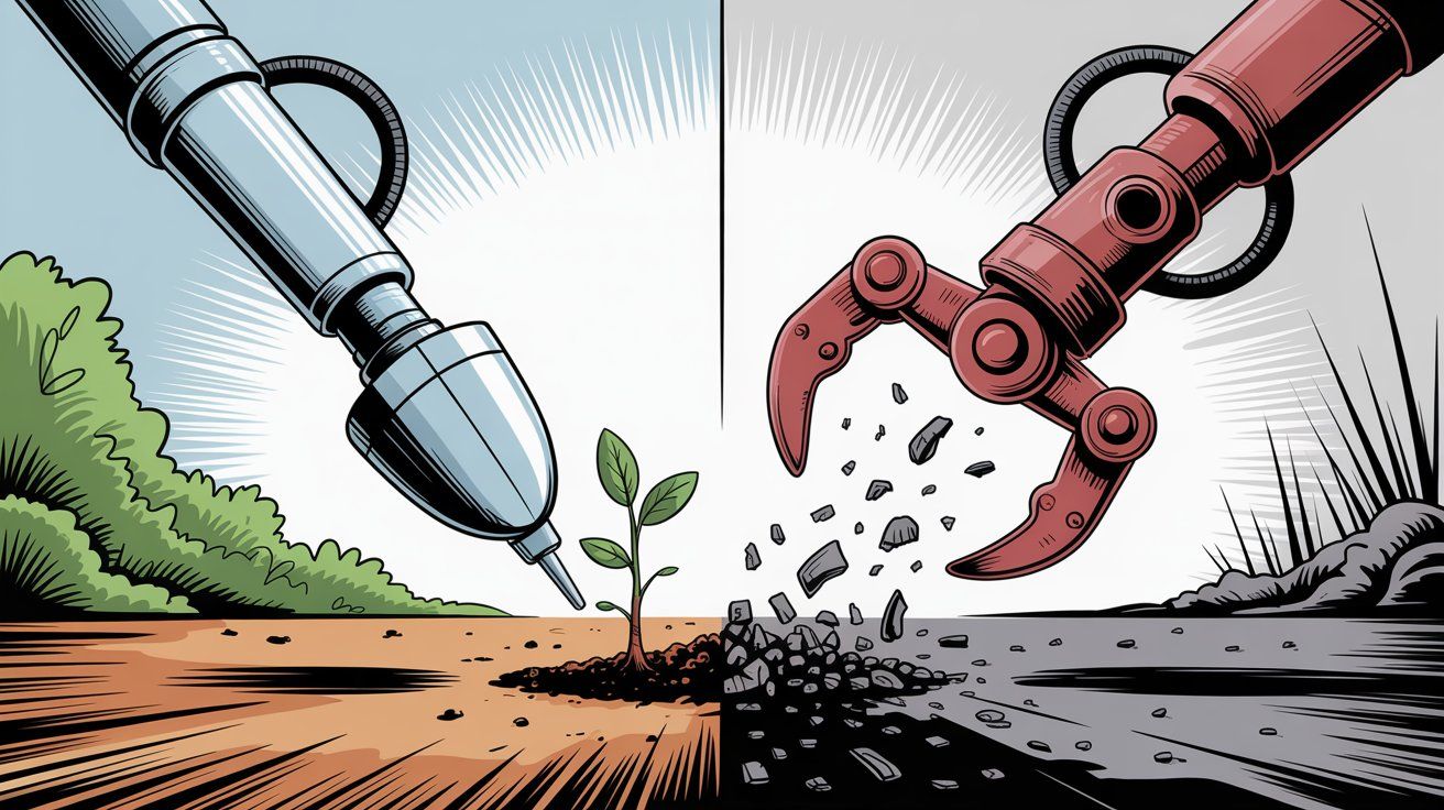 Comparison showing good automation nurturing growth versus bad automation causing destruction in hand-drawn editorial style