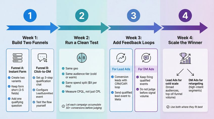 4-week Instagram ad campaign setup roadmap showing weekly milestones from funnel building to scaling