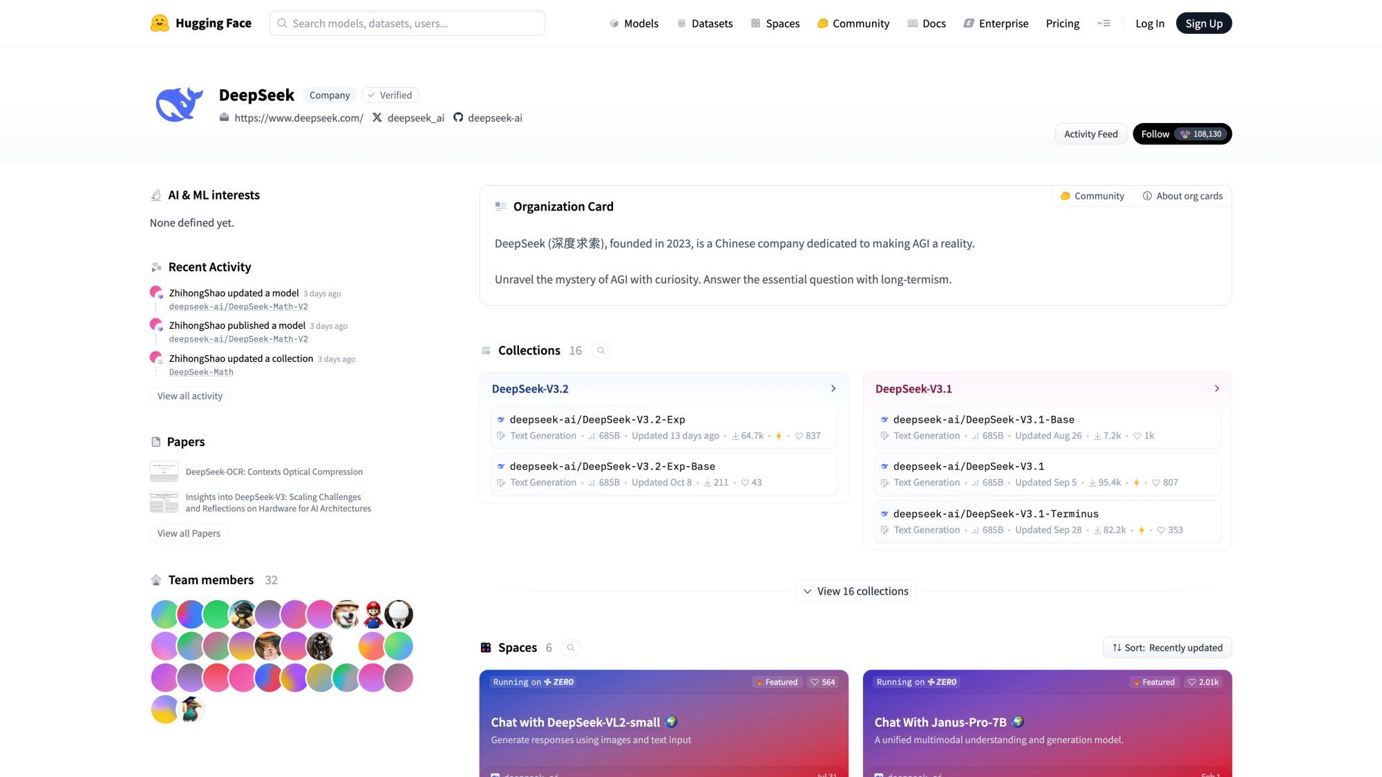 DeepSeek AI organization page on HuggingFace showing V3, R1, and other open-source language models