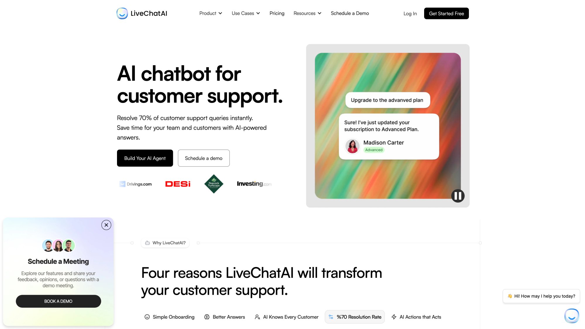 LiveChatAI's AI Actions ecosystem showing one-click integrations with Calendly, Shopify, Slack, and CRM platforms