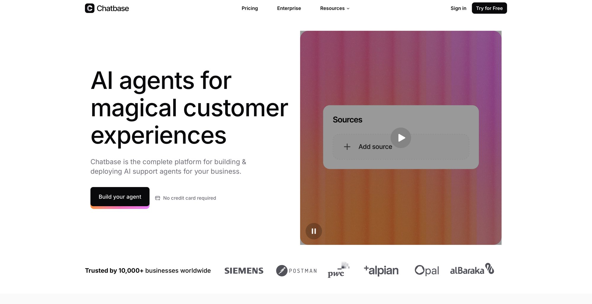 A website homepage for Chatbase, an AI agent platform, featuring headline, video, call-to-action buttons, and partner logos.