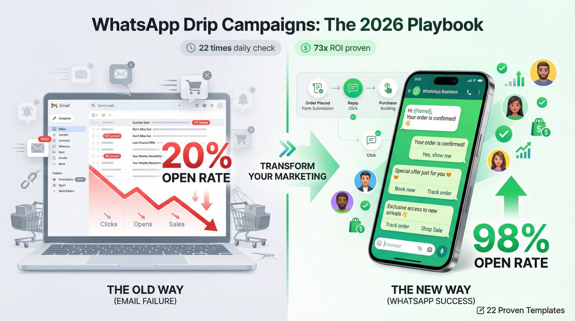 Dramatic split-screen comparison showing email marketing's 20% open rate versus WhatsApp's 98% open rate with automated message sequences