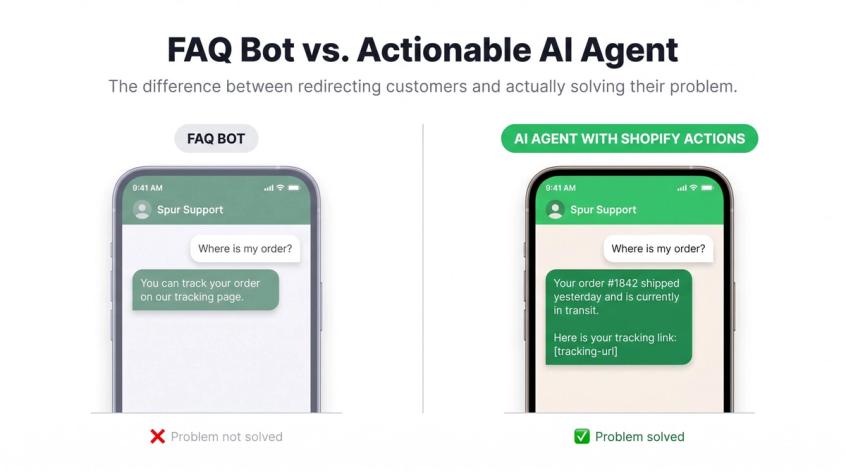 Split-screen WhatsApp chat comparison: FAQ bot giving generic redirect vs AI agent fetching real order status with tracking link
