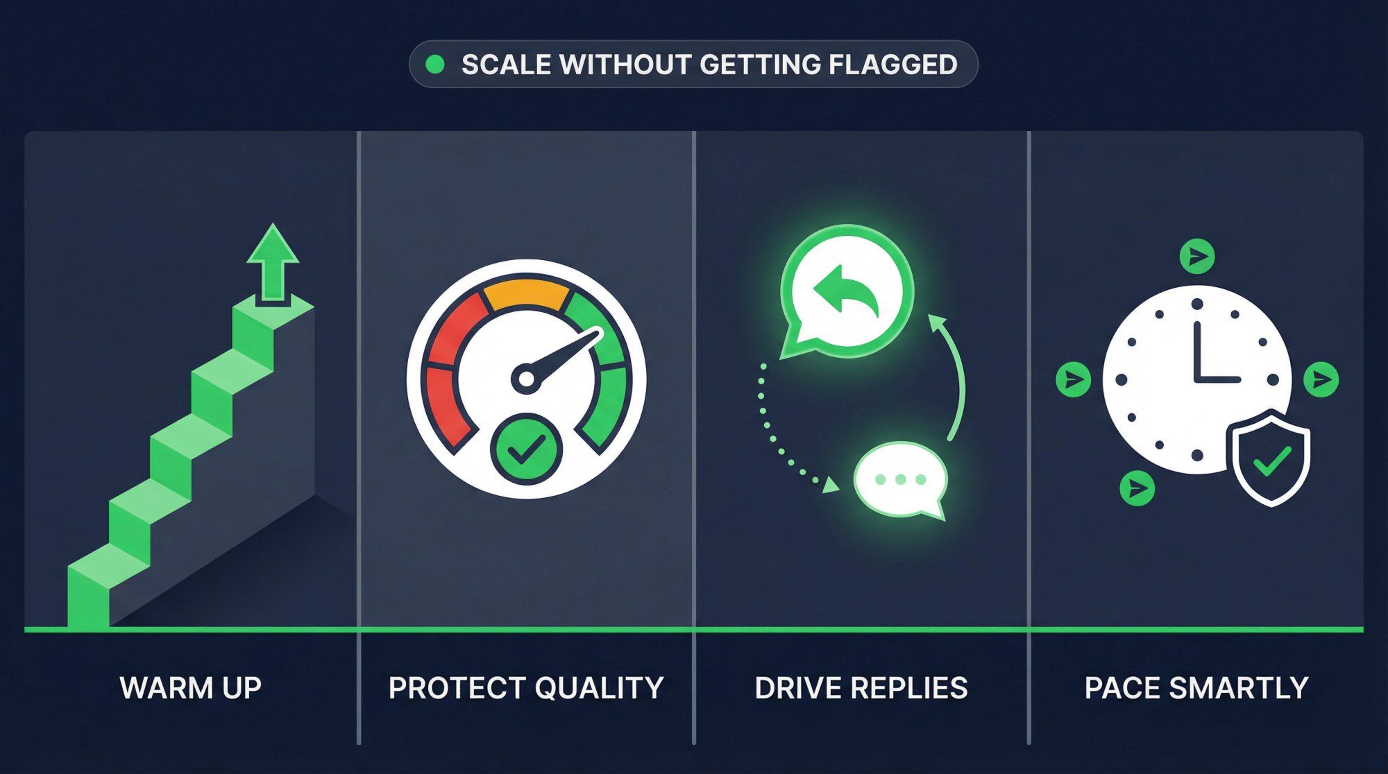 Four pillars for scaling WhatsApp newsletters safely: warmup, template quality, reply engineering, and smart pacing