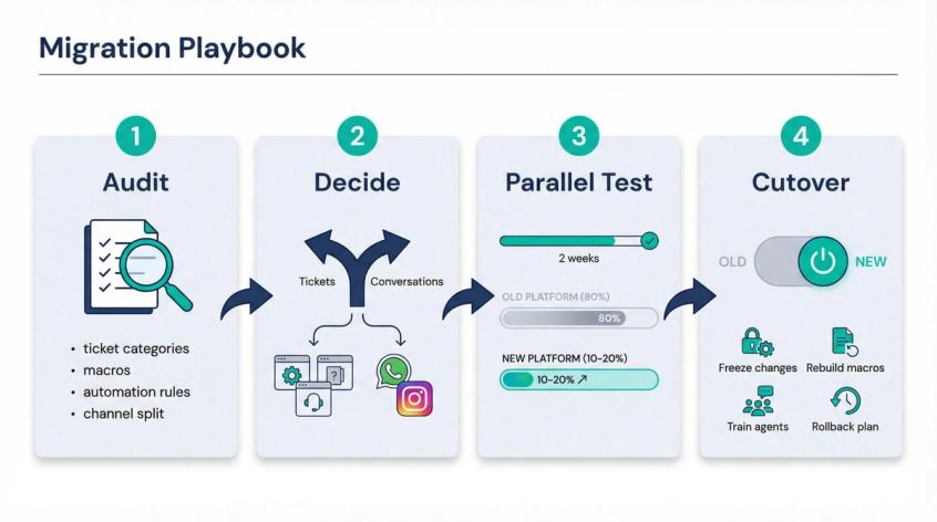 Four-step Freshdesk migration playbook: Audit, Decide, Parallel Test, Cutover — clean editorial illustration