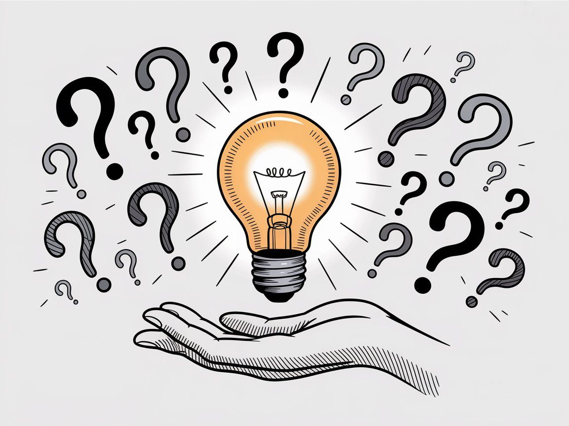 Question marks surrounding a lightbulb representing FAQ concept and answers