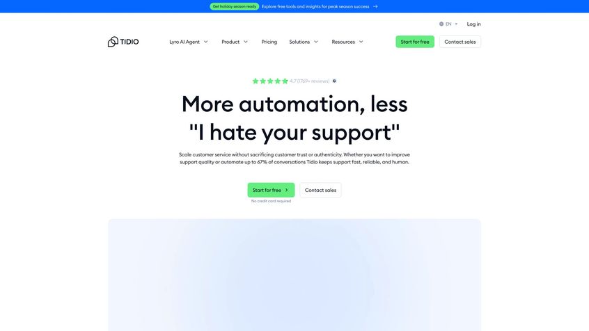 Tidio homepage featuring simple live chat platform with drag-and-drop chatbot builder, Lyro AI assistant, and affordable pricing