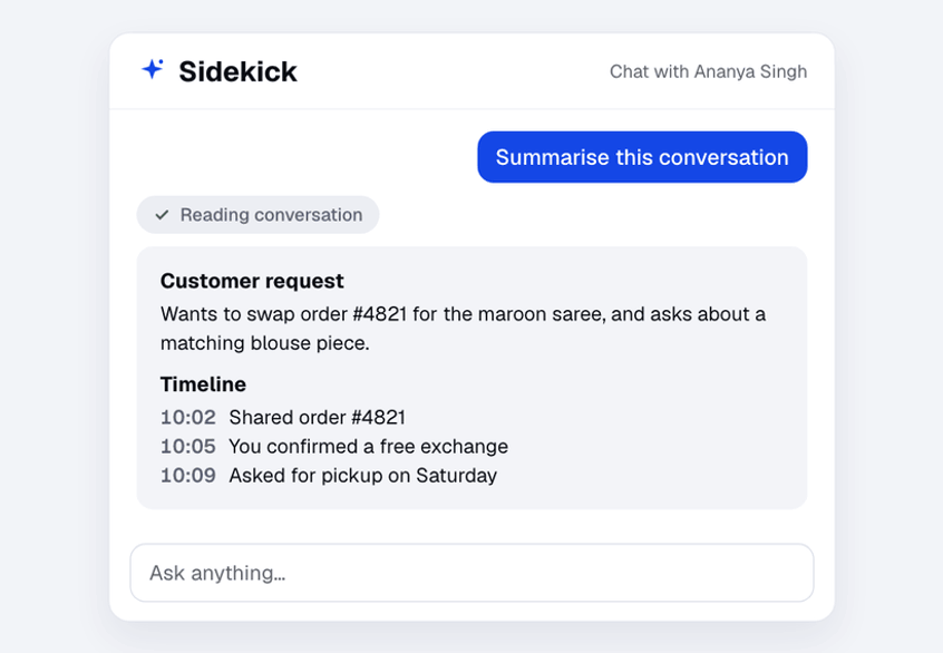 Sidekick asked to summarise a WhatsApp conversation about exchanging a saree, replying with the customer request and a timeline
