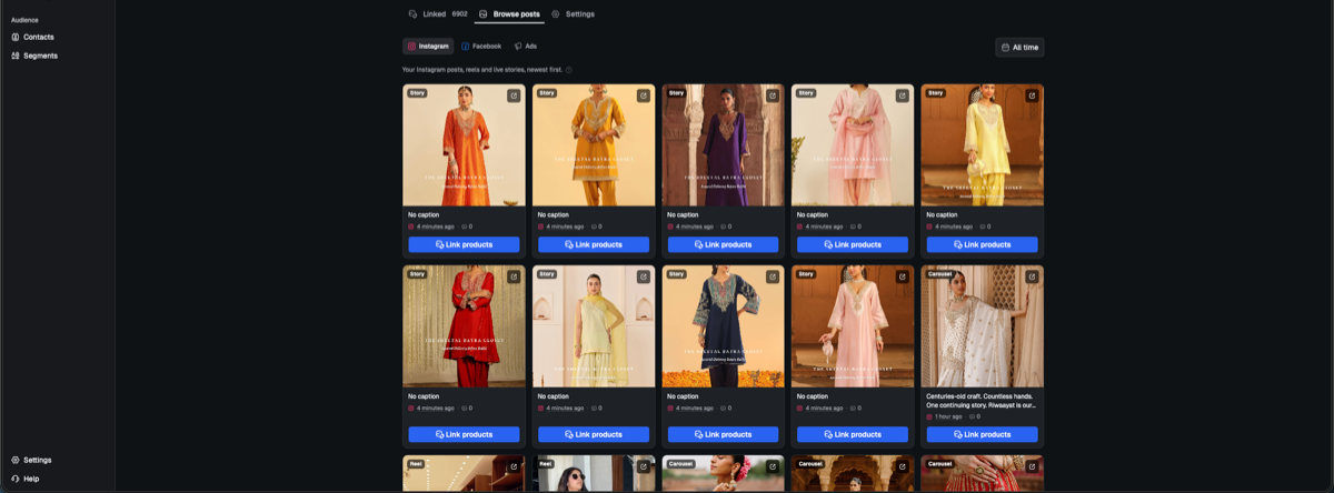 A grid of Instagram posts in Spur, each with a Link products button