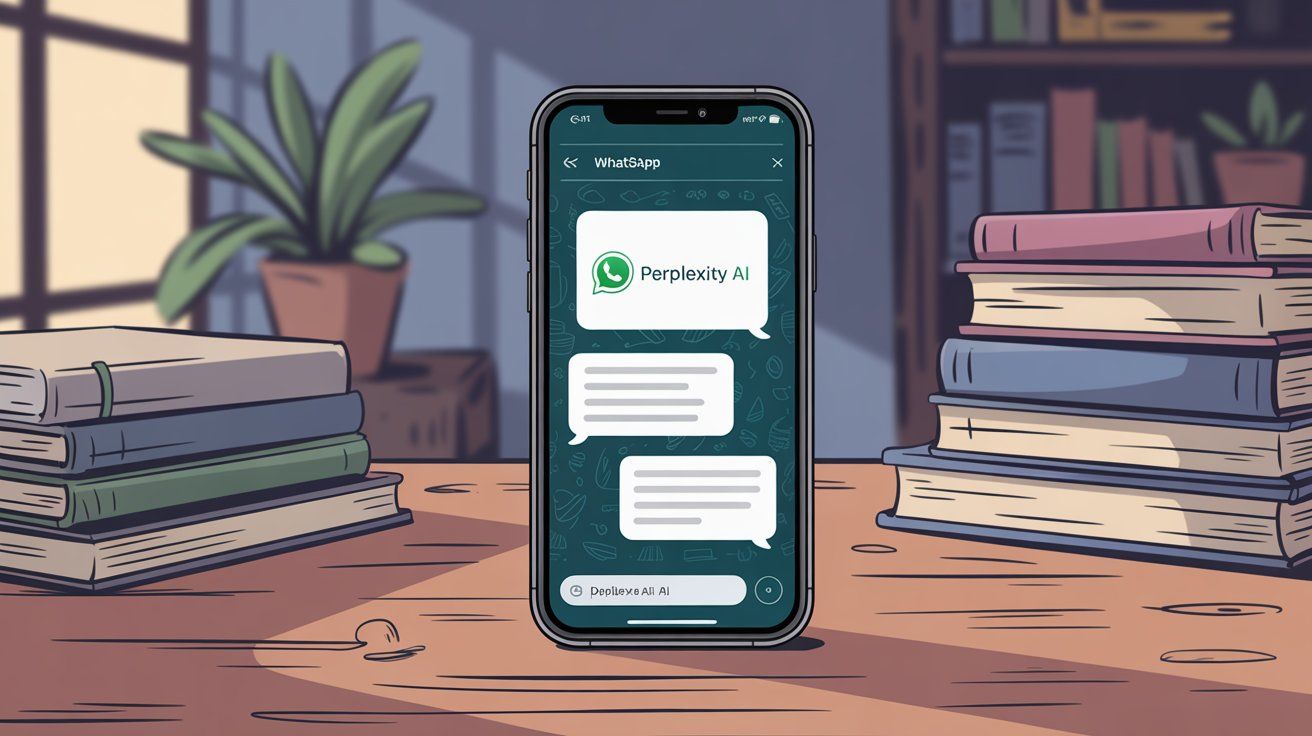 Illustration of a smartphone displaying a WhatsApp conversation with Perplexity AI, showing how the AI assistant integrates directly into messaging
