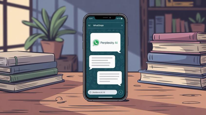 Illustration of a smartphone displaying a WhatsApp conversation with Perplexity AI, showing how the AI assistant integrates directly into messaging