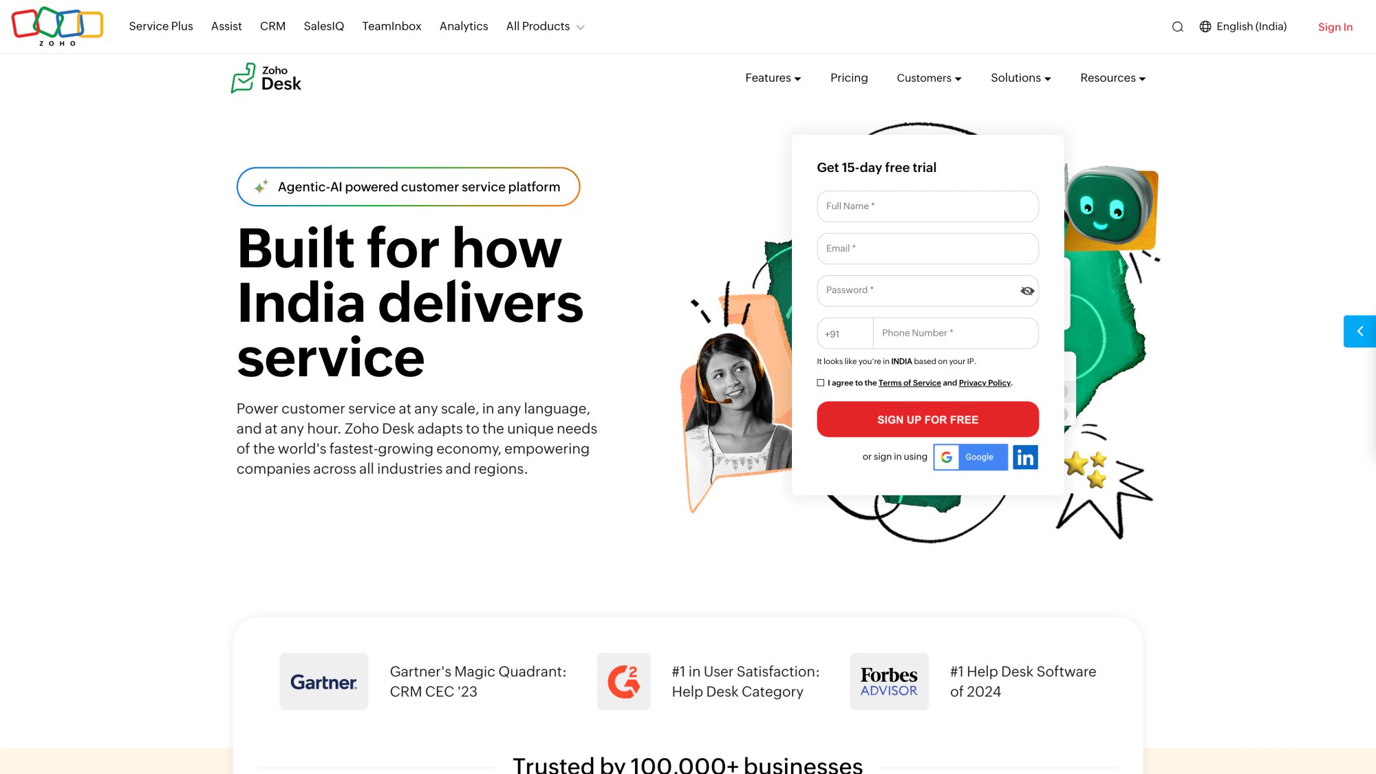 Zoho Desk affordable customer service platform homepage with AI-powered features and competitive pricing