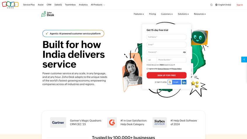 Zoho Desk affordable customer service platform homepage with AI-powered features and competitive pricing