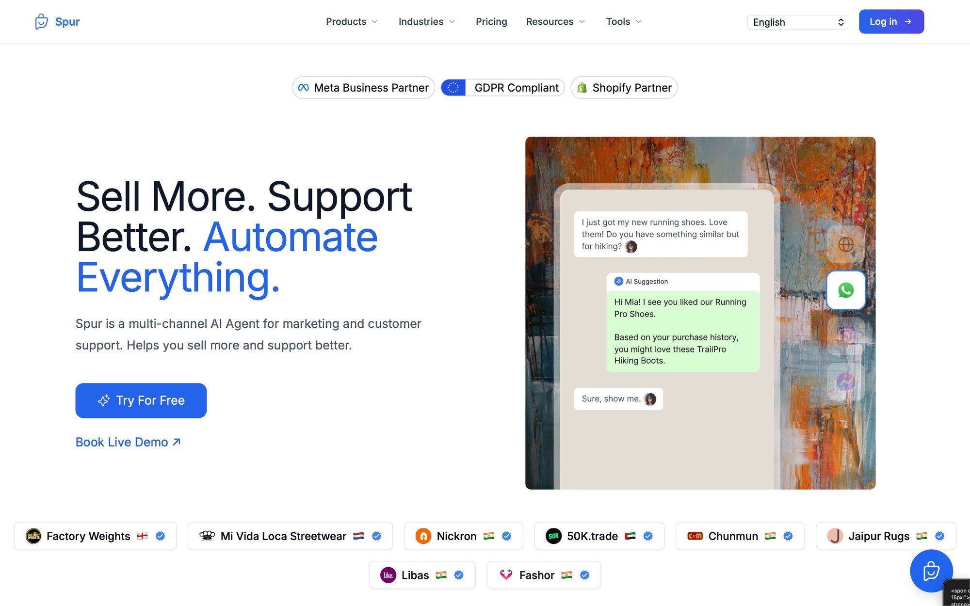 A website promoting Spur AI agent for marketing and customer support, showing a WhatsApp chat with AI suggestions.