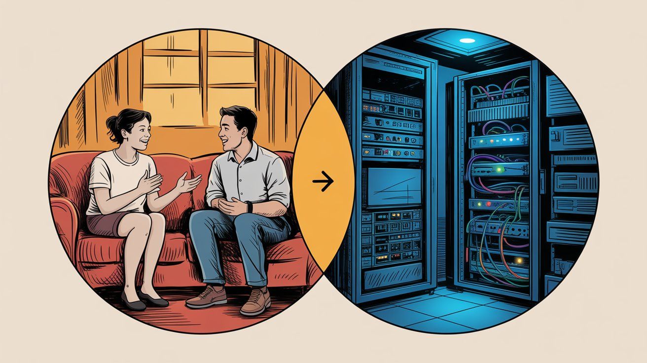 Split illustration showing customer service on left (two people in warm conversation) and customer support on right (technical server infrastructure), connected by arrow