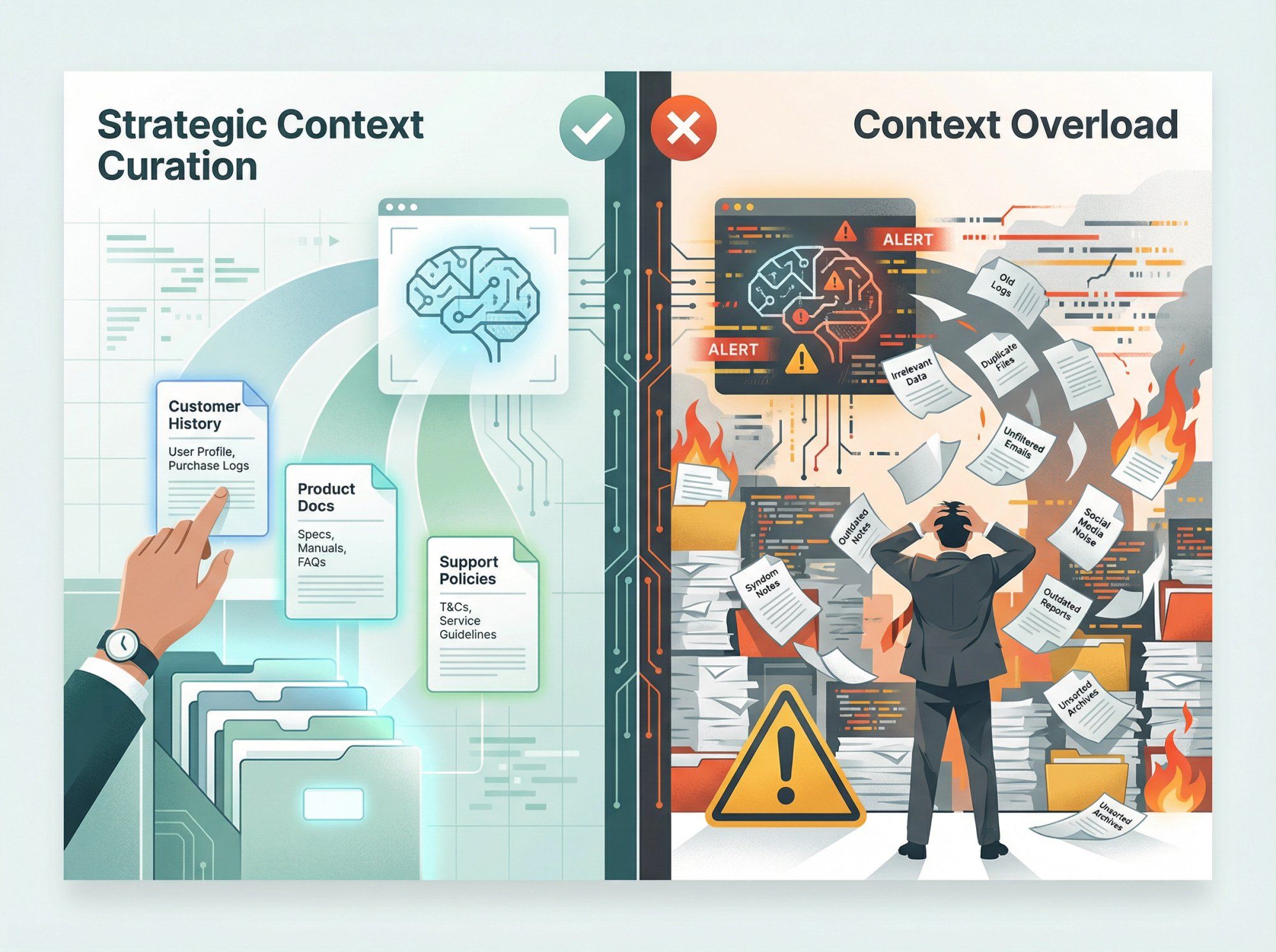 Visual comparison of strategic context selection versus overwhelming information dump in AI systems