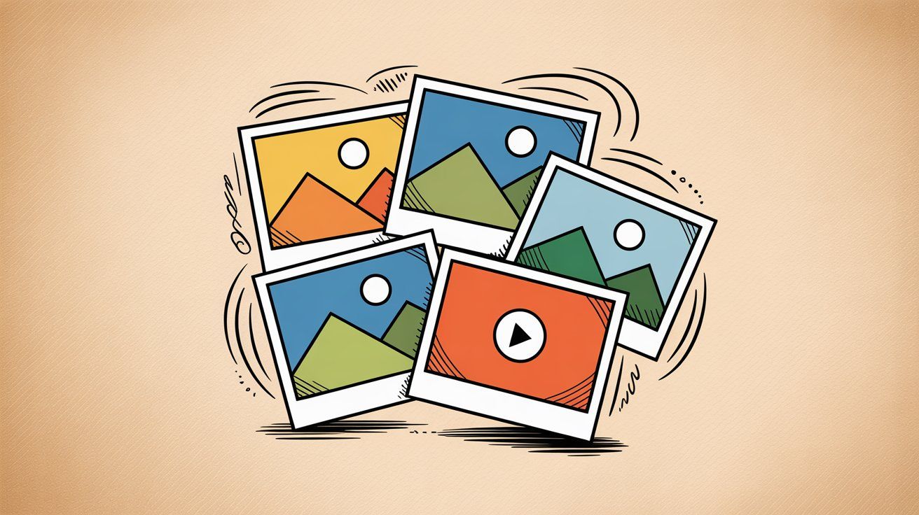 Various content format types including text, photos, and videos represented as different media pieces