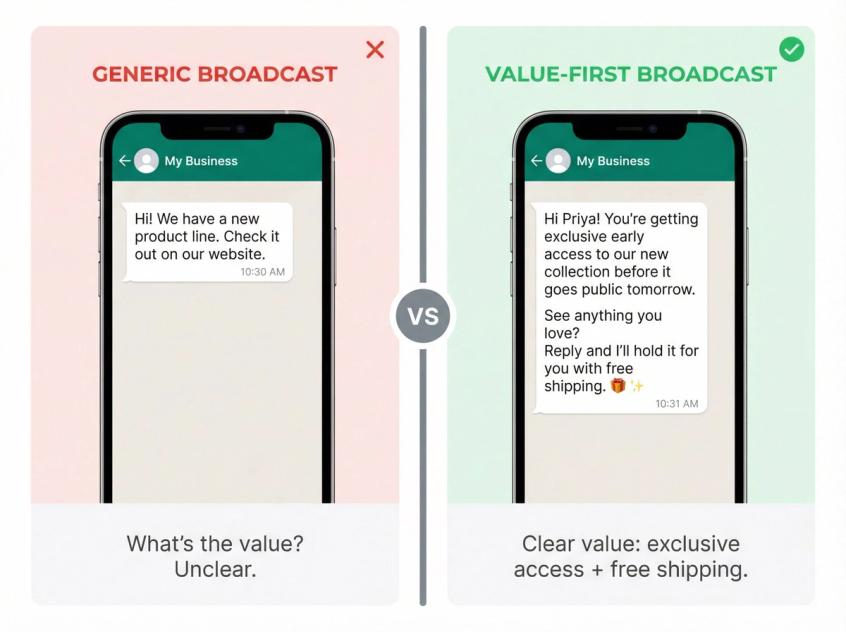 Split comparison showing generic vs value-first WhatsApp broadcast messages with clear visual contrast between empty promotional text and customer-benefit-focused messaging