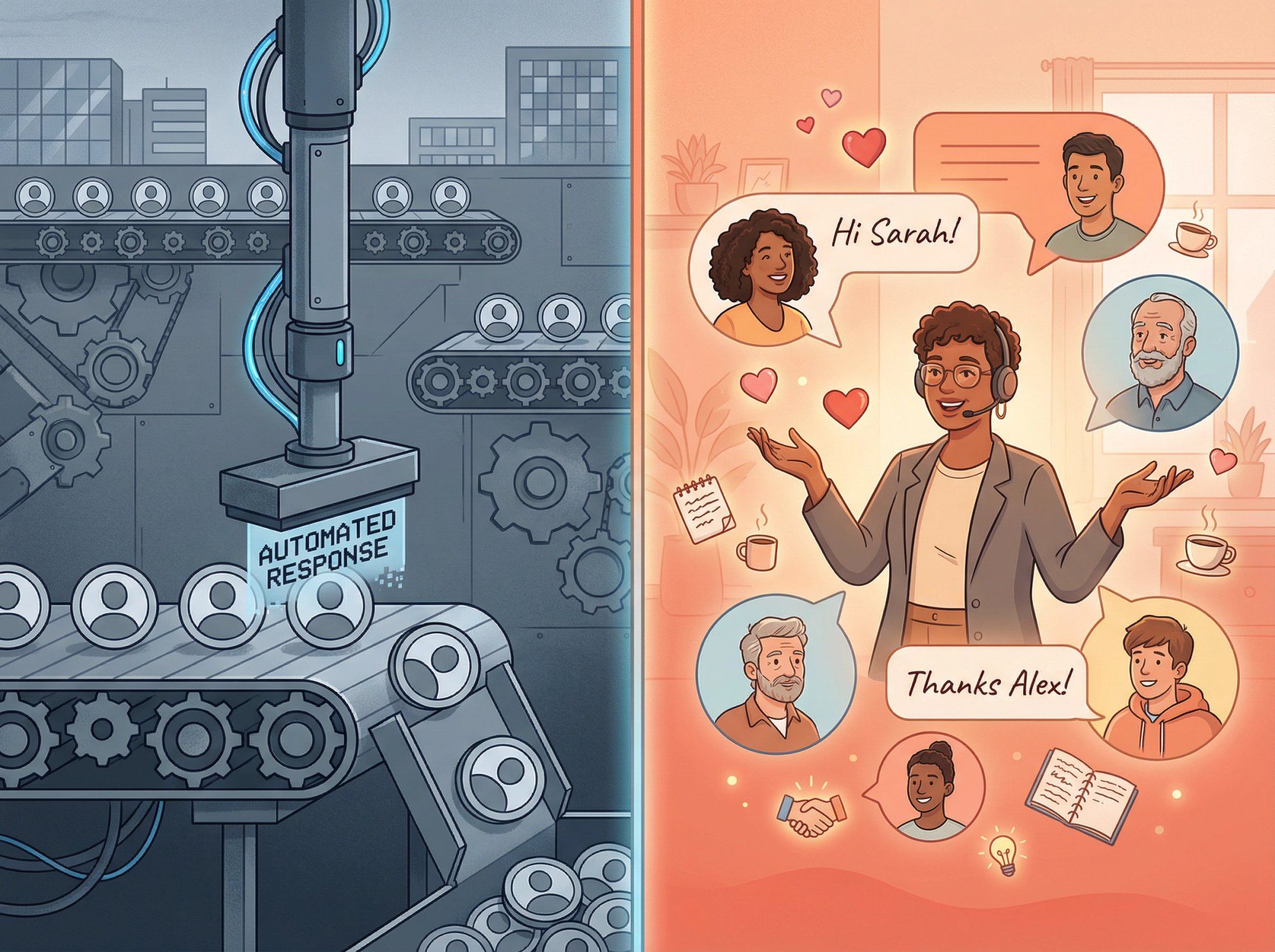Split visual showing cold robotic automation vs warm personalized customer conversations at scale