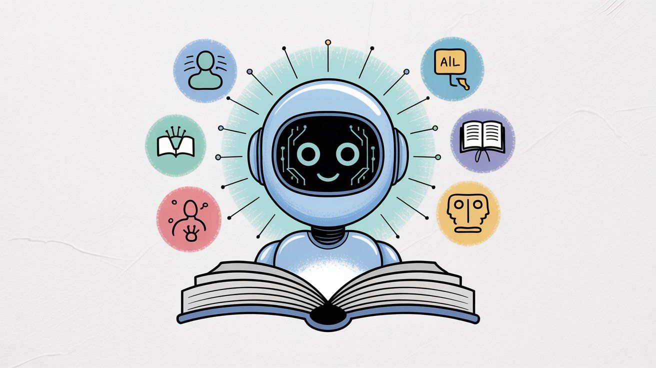 Friendly AI assistant robot reading book with support and learning icons representing guidance and help