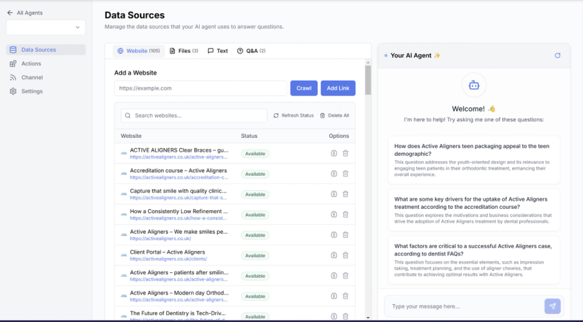Screenshot of AI setup screen showing the crawled links from Active Aligners' website.