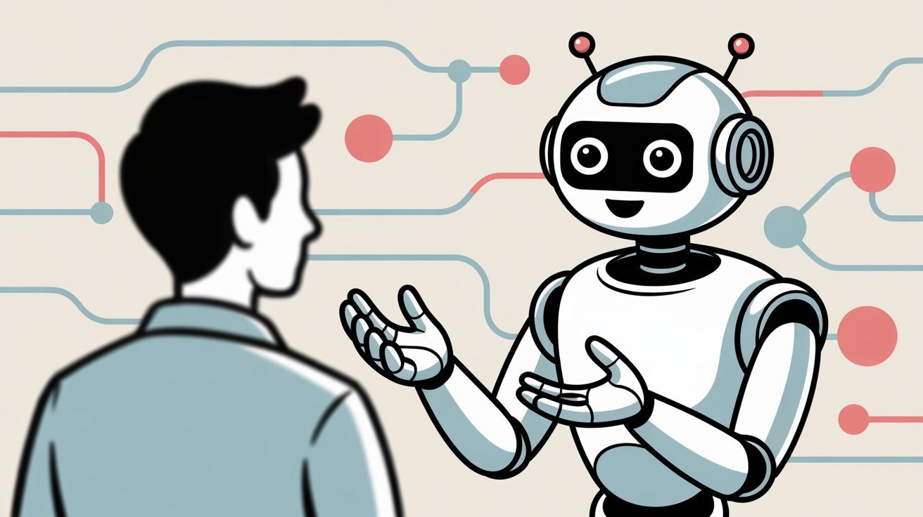 Professional illustration showing AI-powered customer service automation for business, depicting a business professional interacting with an AI assistant against a network of connected nodes