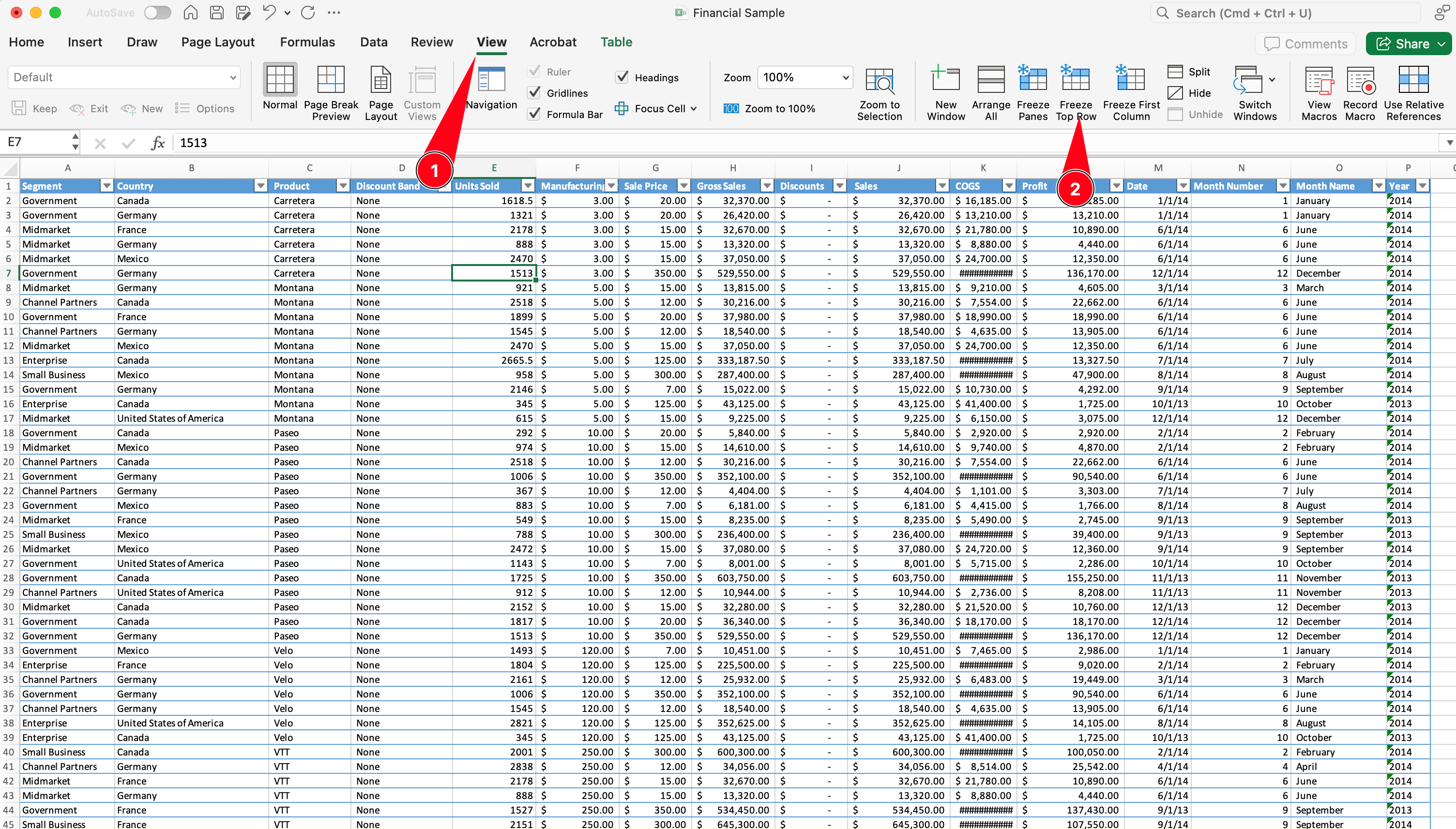 Freeze top row in excel by going to View > Freeze Top Row button