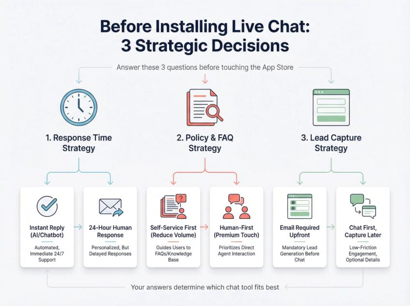 Decision framework showing three critical questions to answer before installing live chat: response time expectations, policy clarity, and lead capture strategy