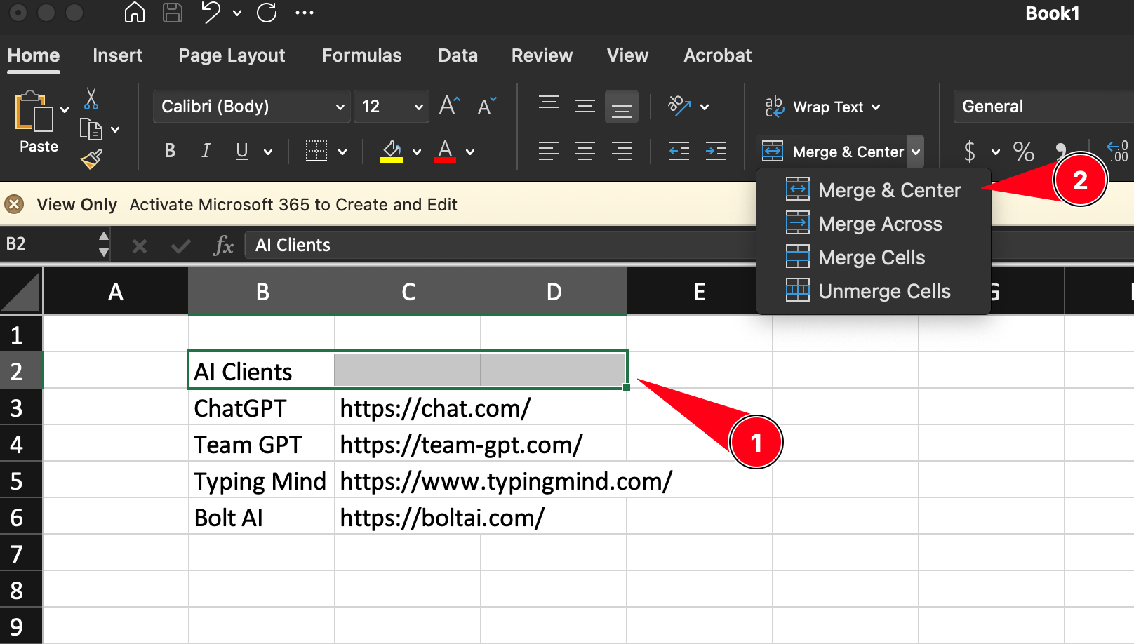 Merge cells and alight the content to center