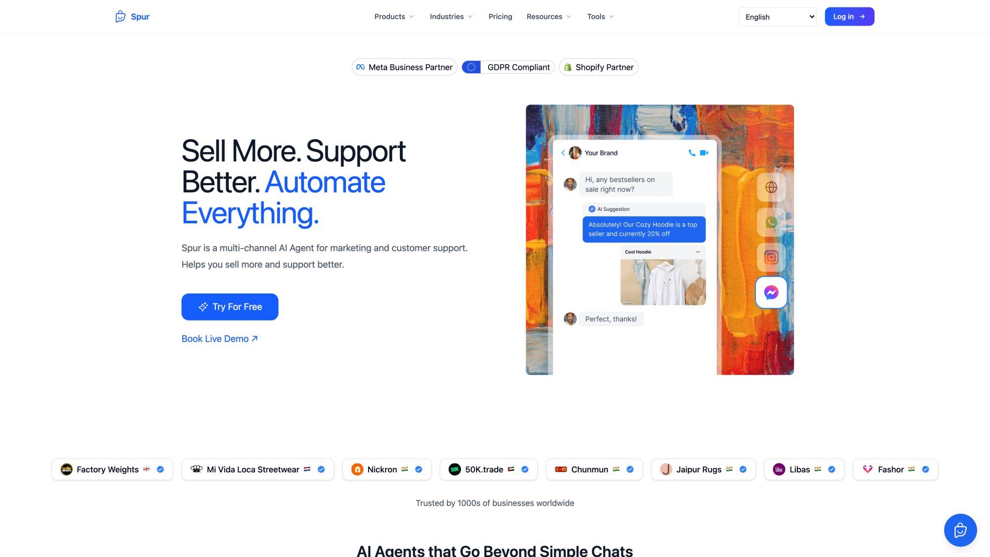 Spur homepage showing "Sell More. Support Better. Automate Everything." with live WhatsApp chat UI, Meta Business Partner badge, and trusted brand social proof