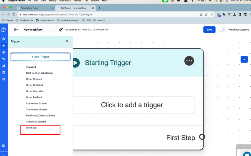 Select the Webhook Trigger