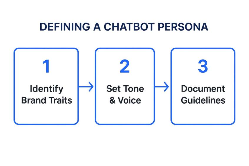 Infographic showing the three-step process to define a chatbot persona: 1) Identify Brand Traits, 2) Set Tone & Voice, and 3) Document Guidelines.