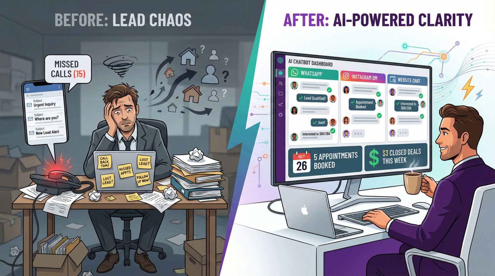 Before and after transformation: Real estate agent moving from overwhelmed manual follow-up to AI-powered instant lead engagement and conversion