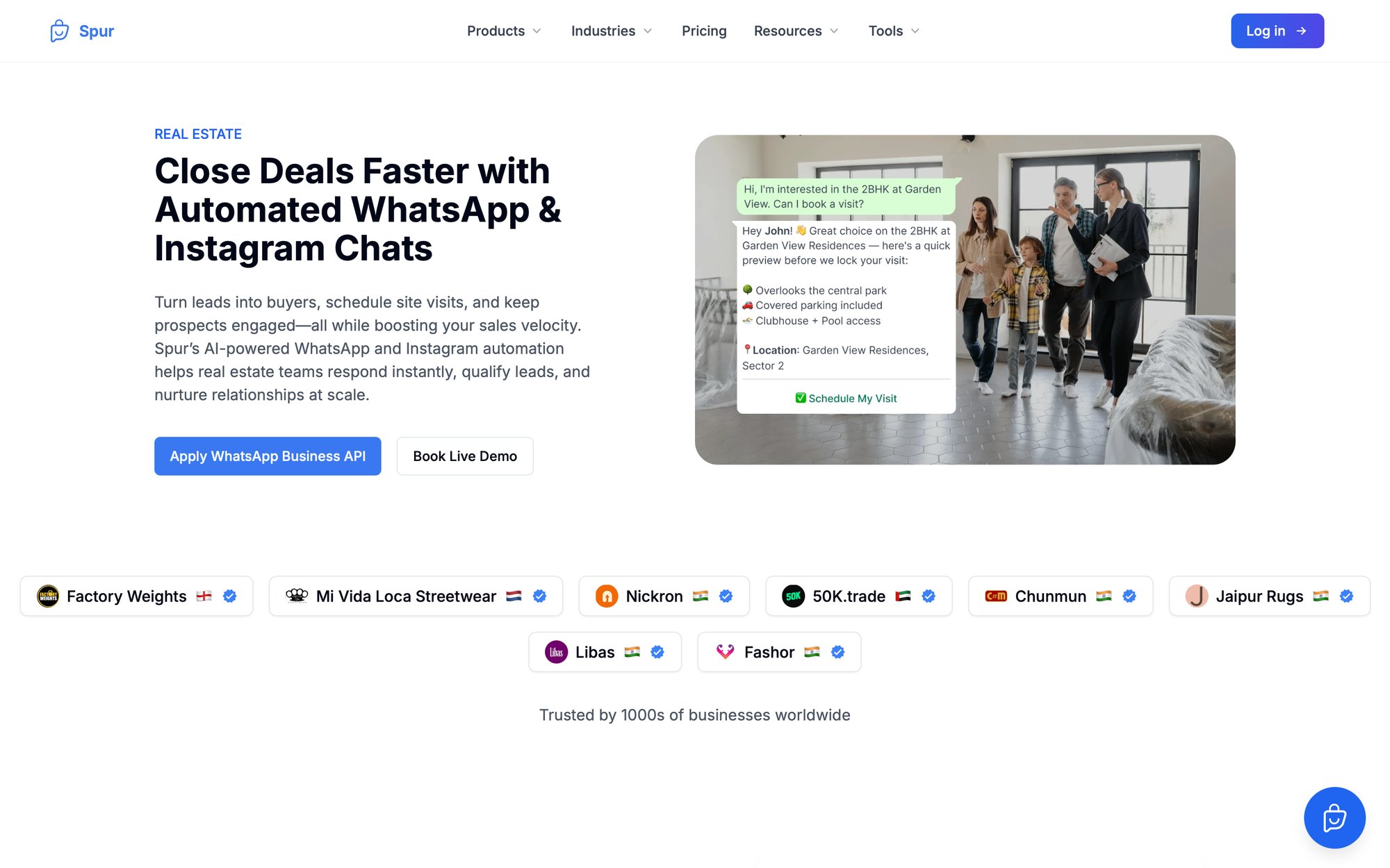 Spur website demonstrating an AI chatbot for real estate, showing property details in a chat and a family with an agent.