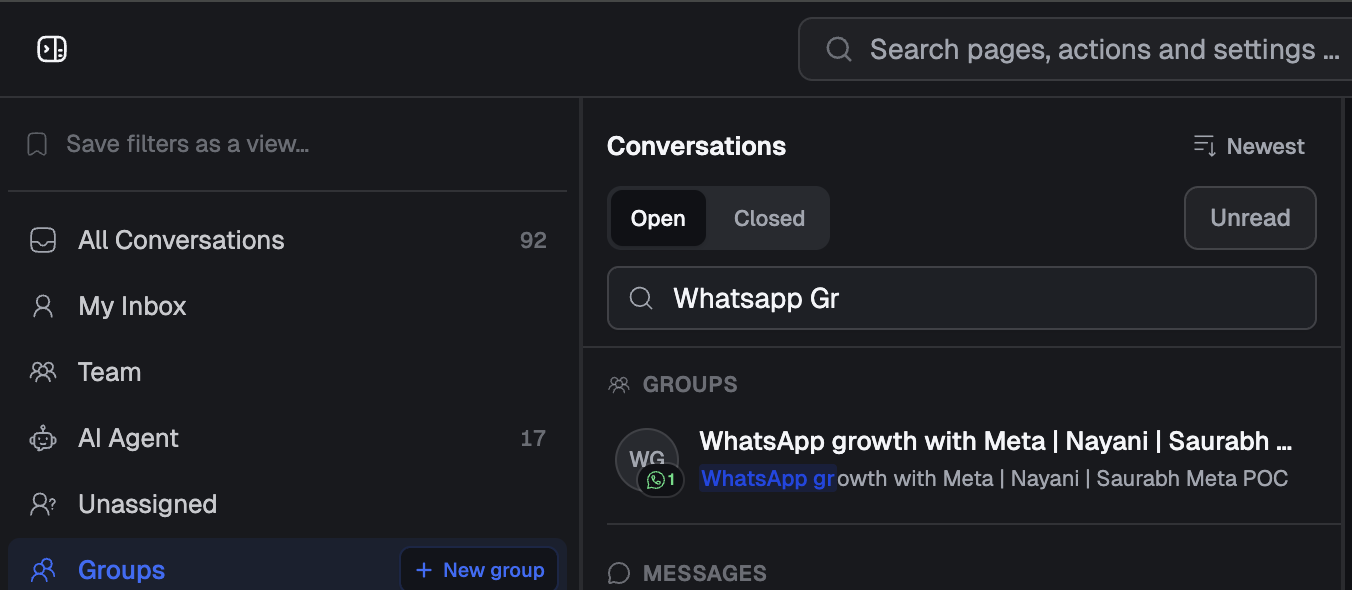 Spur conversation search showing a Groups results section above message results