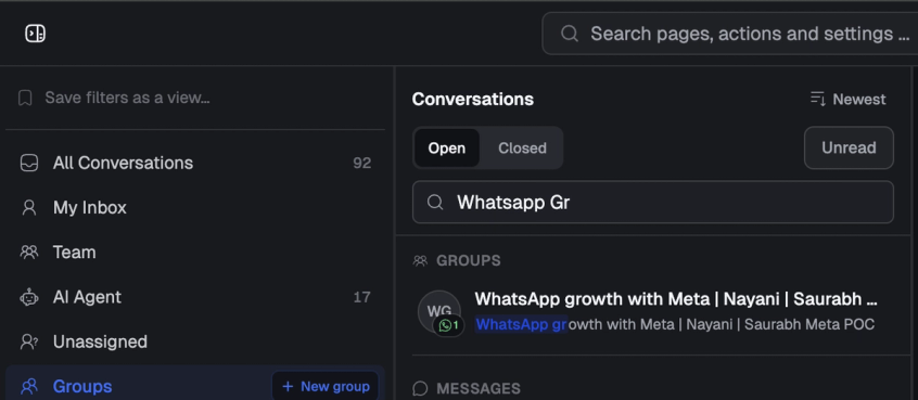 Spur conversation search showing a Groups results section above message results