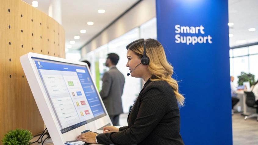 A customer service agent smiling while using a headset and working on a laptop, representing a positive human-automation balance.